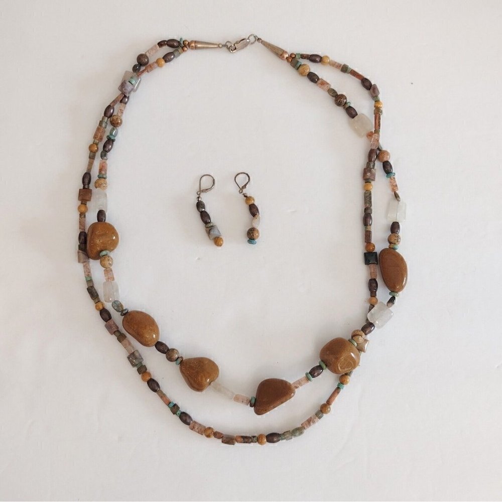 Vtg Multi Strand Heavy Stone Rock Necklace Dangle Earring Set 925 Sterling Clasp